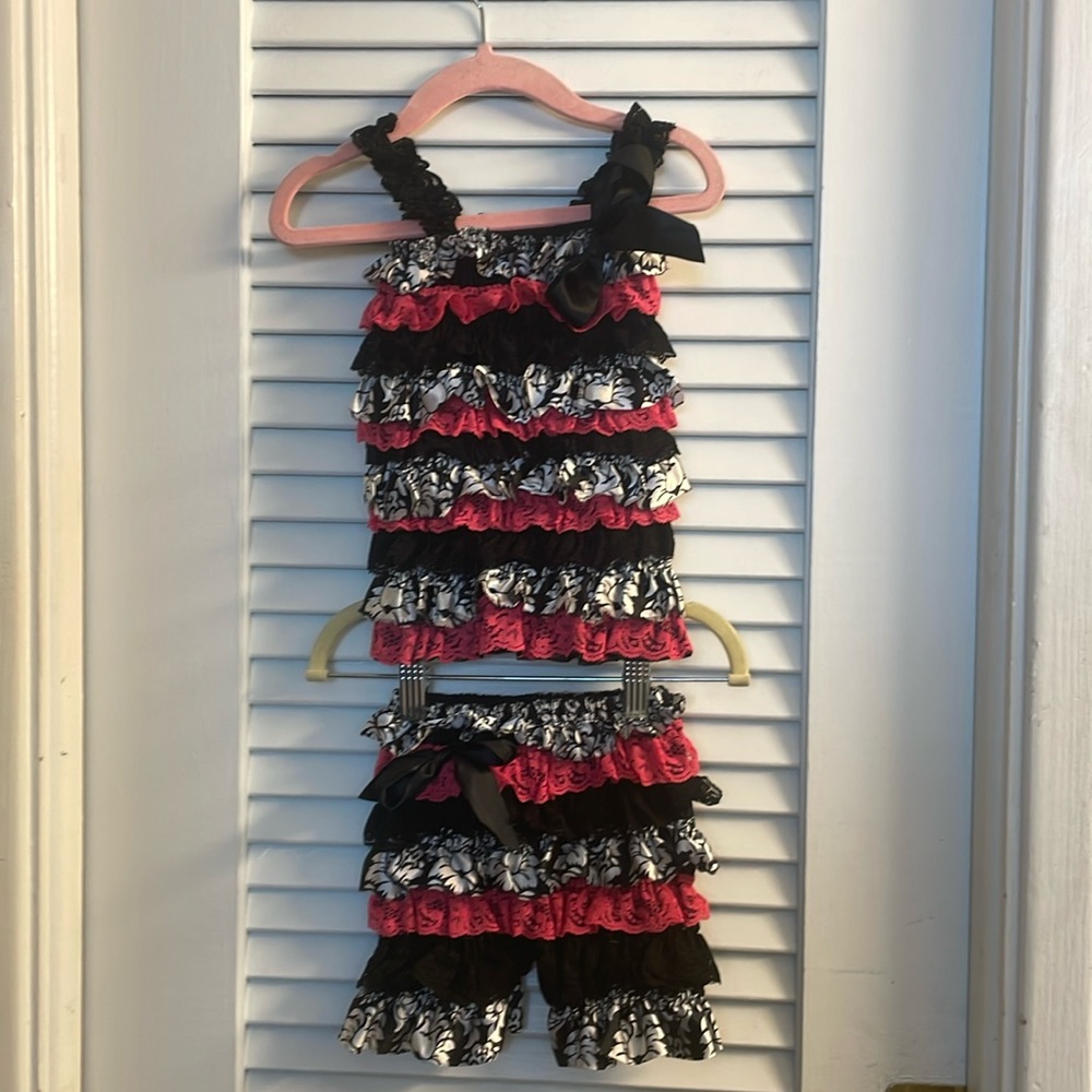 Tiered Ruffle Black & Hot Pink Lace w/Blk&White Patterned Material Tank & Pants